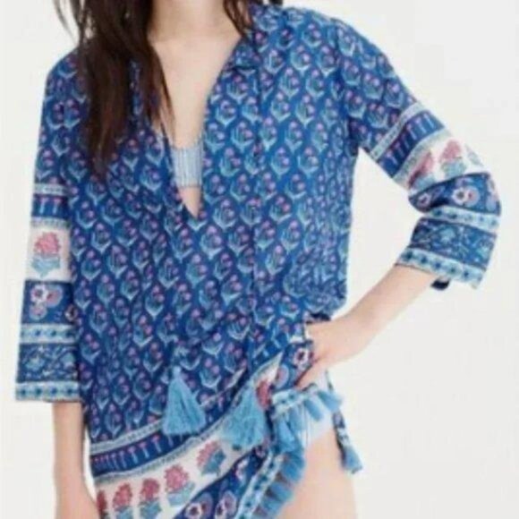 J. Crew Cotton Voile Tunic Swim Cover-Up in Floral Block Print with Fringe - Picture 2 of 9